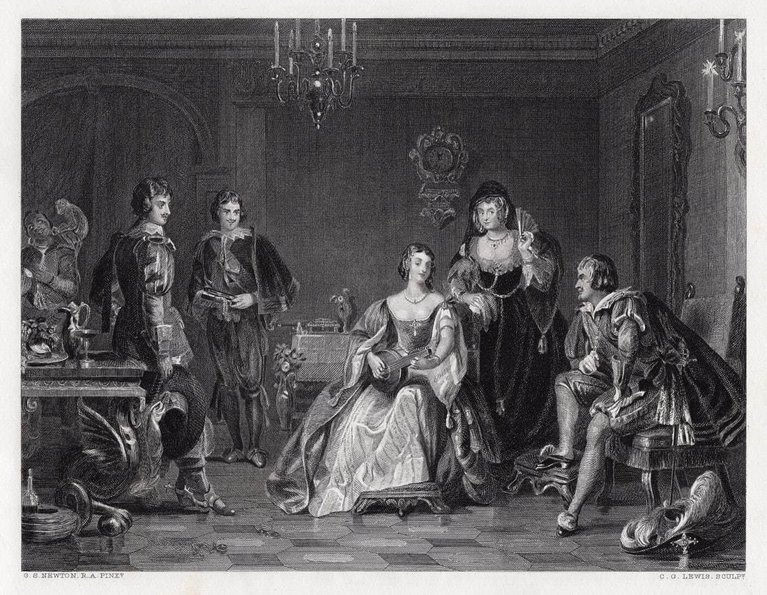 1878 Gilbert Stuart Newton The Prince of Spain's Visit to Catalina engraving signed: Gilbert Stuart Newton. (British, 1795 - 1835). The Prince of Spain's Visit to Catalina. Antique steel engraving on wove paper after the original by master engraver Charles George Lewis (English, 1808-