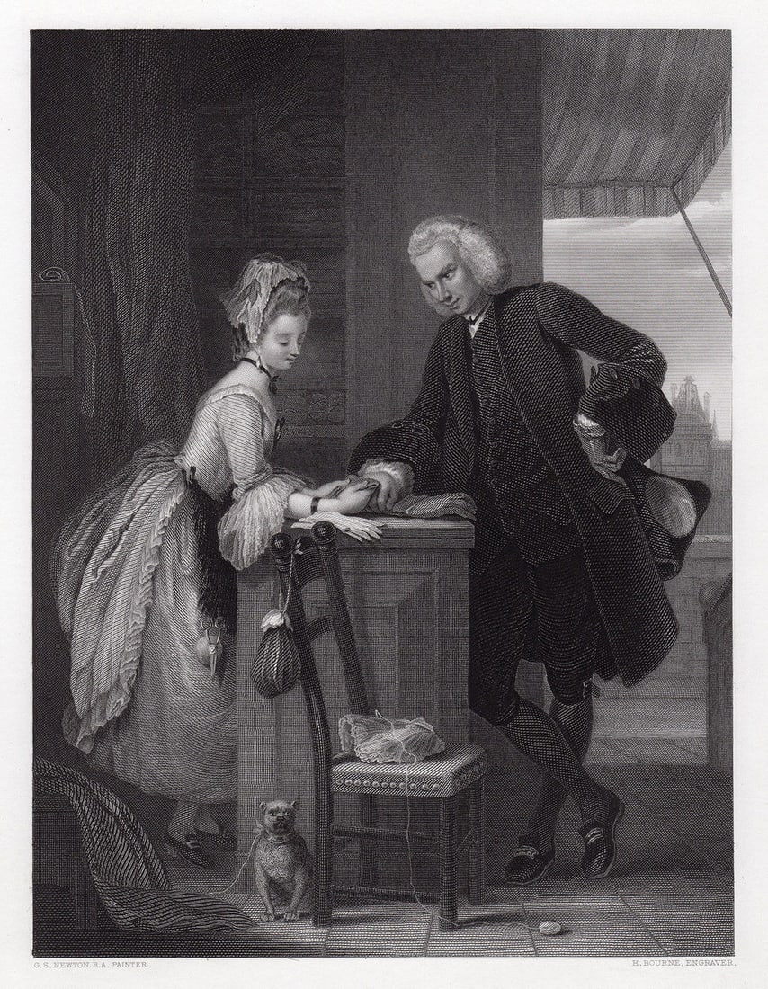 Gilbert Stuart Newton 1852 engraving Yorick and the Grisette signed: Gilbert Stuart Newton. (British, 1795 - 1835). Yorick and the Grisette. Antique engraving on wove paper after the original oil paint on canvas by master engraver Herbert Bourne (British, 1820 - 1907).