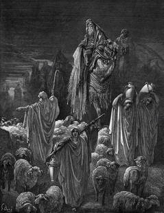 1800s Gustave DORE SIGNED Religious Woodcut Jacob's Journey to Egypt FRAMED: Gustave Dore (Paul Gustave Louis Christophe Dore) (French, 1832-1883). Jacob Goeth Into Egypt (From Dore's Bible). Antique woodcut wove paper after the original by a master wood engraver Jacob Ettling
