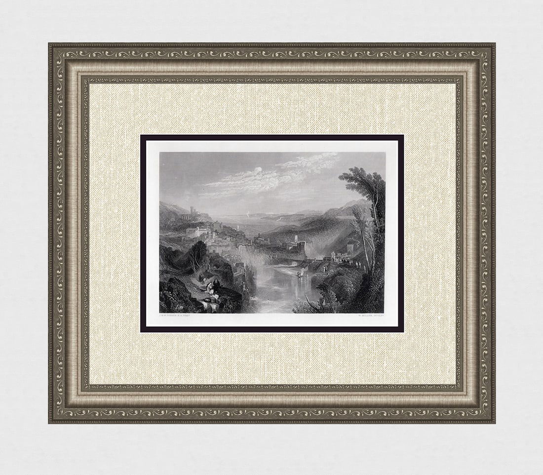 WILLIAM TURNER 1800s Engraving Landscape with Bathers SIGNED Framed: Joseph Mallord William Turner (English, 1775-1851). Modern Italy. Antique engraving on wove paper after the original by master engraver William Miller (British, 1796 - 1882). Year: 1861.Signed in the