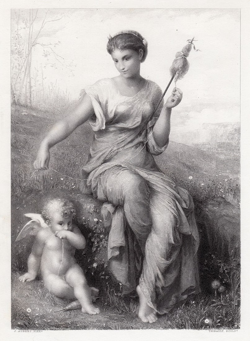 Jean-Ernest Aubert (or Ernest-Jean Aubert) (French, 1824 - 1906) The Broken Thread engraving signed: Jean-Ernest Aubert (or Ernest-Jean Aubert) (French, 1824 - 1906). The Broken Thread. Antique steel engraving on wove paper after the original by master engraver C.E. Thibault. 1878. Signed in the plat