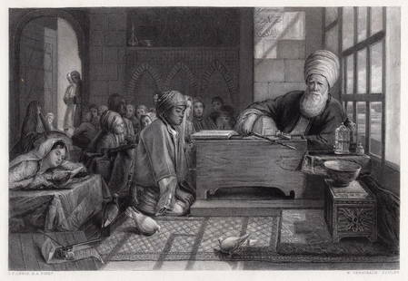 John Frederick Lewis A Turkish School engraving signed: John Frederick Lewis. (English, 1804-1876). A Turkish School. Antique steel engraving on wove paper after the original by master engraver William Greatbach (1802-1885). 1878. Signed in the plate. Exce