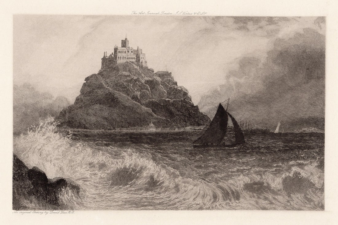 David Law St. Michaels Mount Cornwall 1898 etching: David Law. (Scottish, 1831-1901). St. Michaels Mount Cornwall. Antique etching on laid paper. 1898. Signed in the plate, lower left. Excellent. Image Size 5 7/8 x 9 1/4 inches. Approximately 15 x 18 i