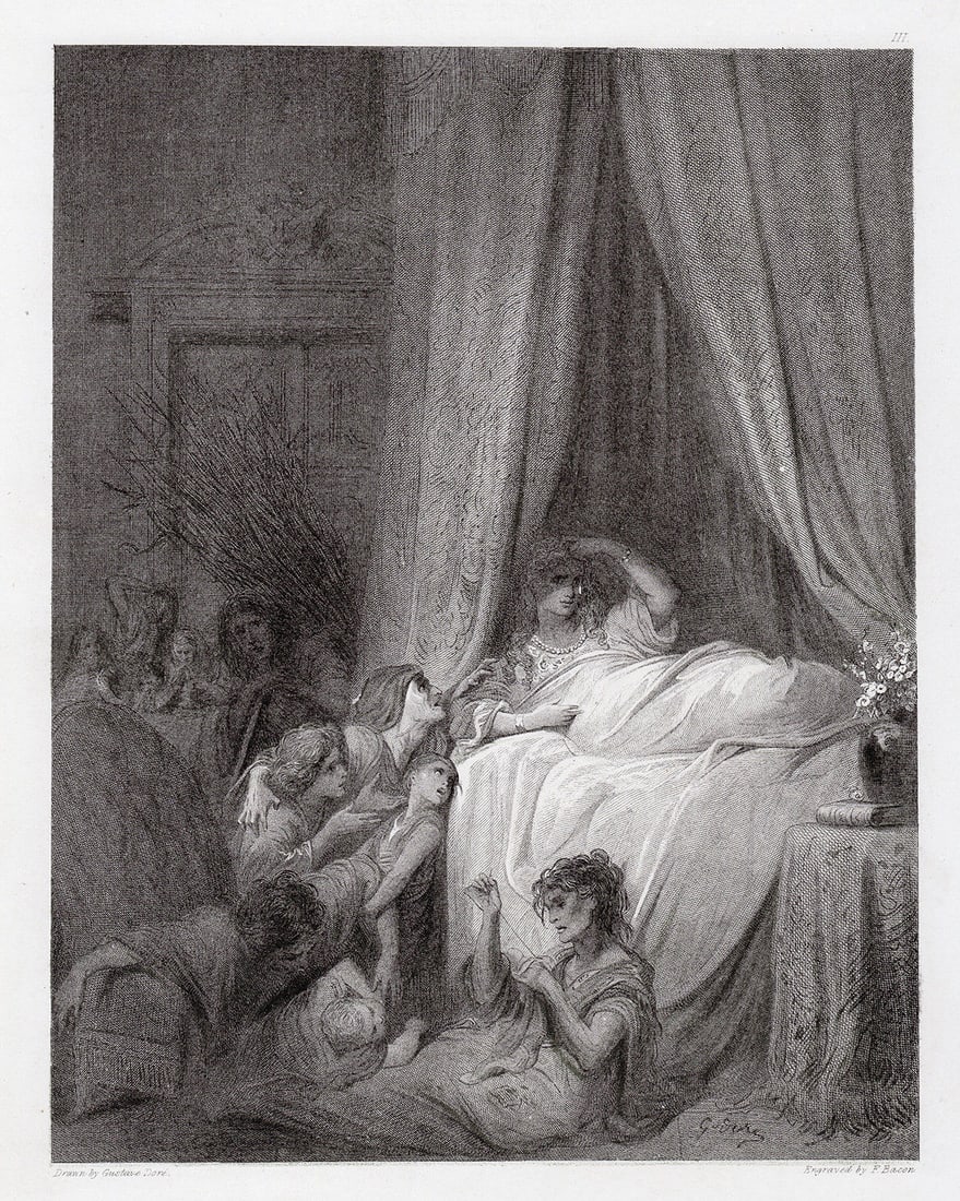 Gustave Dore 1882 engraving The Lady's Dream signed: Gustave Dore (Paul Gustave Louis Christophe Dore )(French, 1832-1883). The Lady's Dream. Antique engraving on wove paper after the original drawing by master engraver Frederick Bacon (British, 1803 -