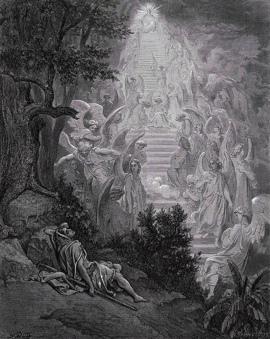 GUSTAVE DORE'S BIBLE 1800s Wood Engraving JACOB'S DREAM Framed SIGNED: Gustave Dore (Paul Gustave Louis Christophe Dore) (French, 1832-1883). Jacob's Dream (From Dore's Bible). Antique Wood Engraving on wove paper after the original by a master wood engraver John Quartle