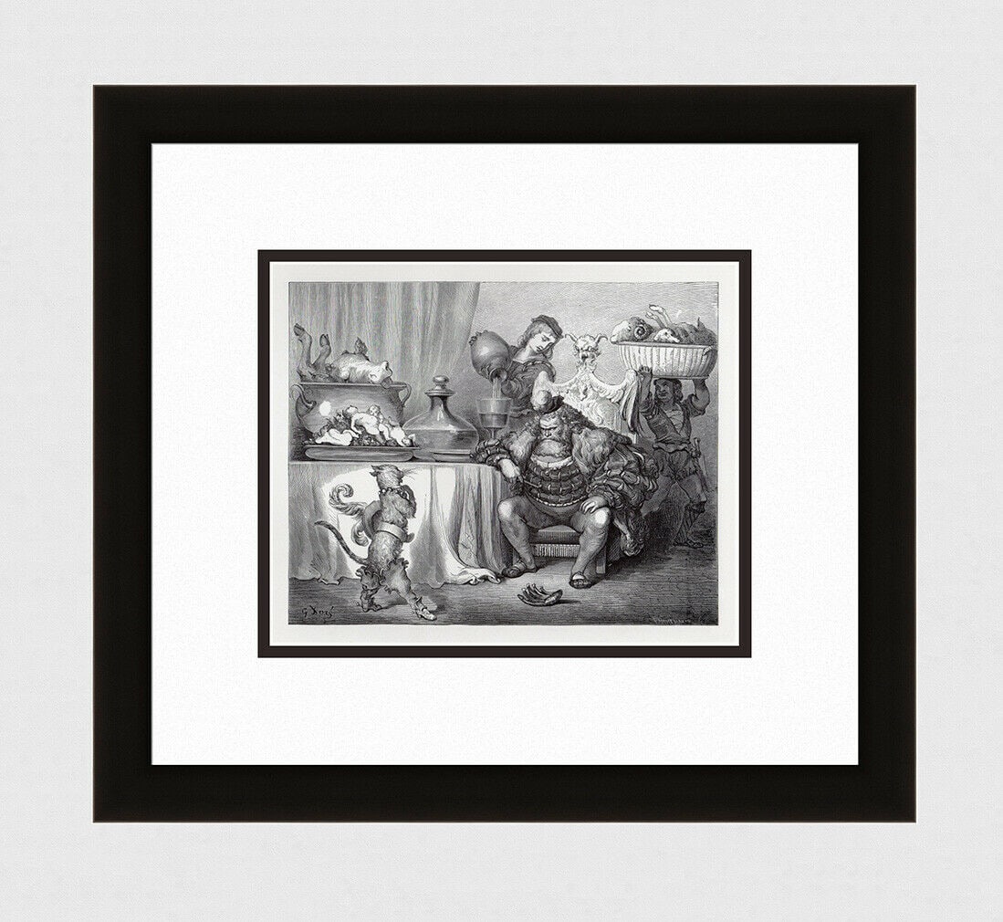 Gustave Dore Puss in Boots III 1880 Wood Engraving Signed: Gustave Dore. Puss in Boots III. Antique Wood Engraving on on thick wove paper after the original by master wood engraver Adolphe Francois Pannemaker (French, Belgian, 1822 - 1890). 1880. Signed in th