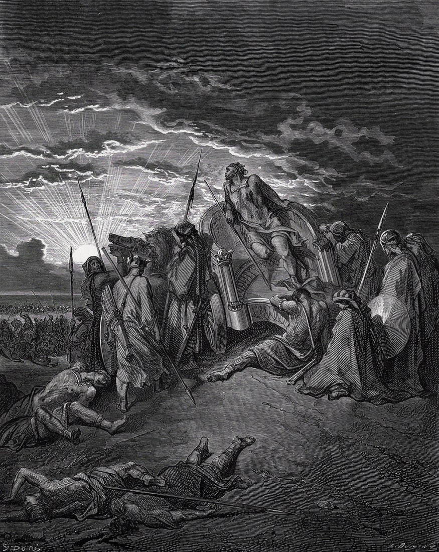 GUSTAVE DORE 1800s Religious Wood Engraving The Death of Ahab Signed FRAMED: Gustave Dore (Paul Gustave Louis Christophe Dore) (French, 1832-1883). The Death of Ahab (From Dore's Bible). Antique Wood Engraving on wove paper after the original by a master wood engraver Louis Pa