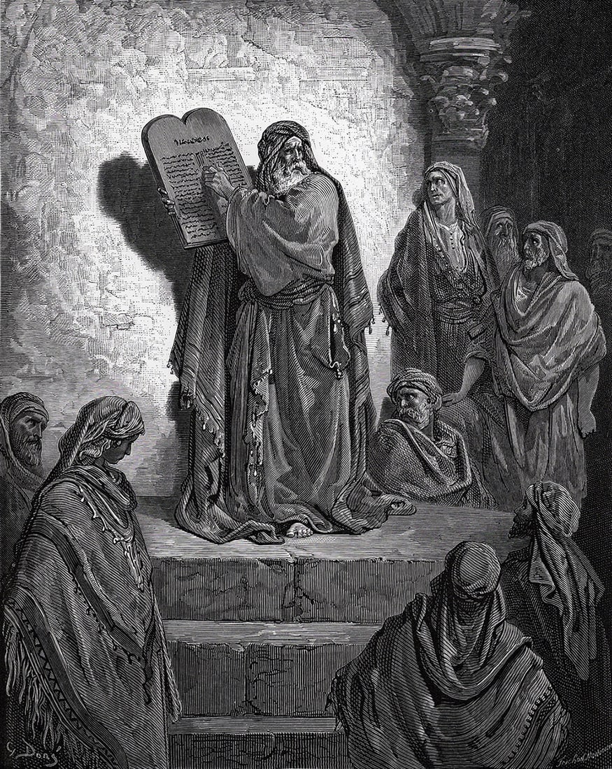 1800s Gustave DORE SIGNED Religious Woodcut EZRA READING THE LAW Framed: Gustave Dore (Paul Gustave Louis Christophe Dore) (French, 1832-1883). Ezra Reading the Law in the Hearing of the People (from Dore's Bible) Antique woodcut wove paper after the original by a master w