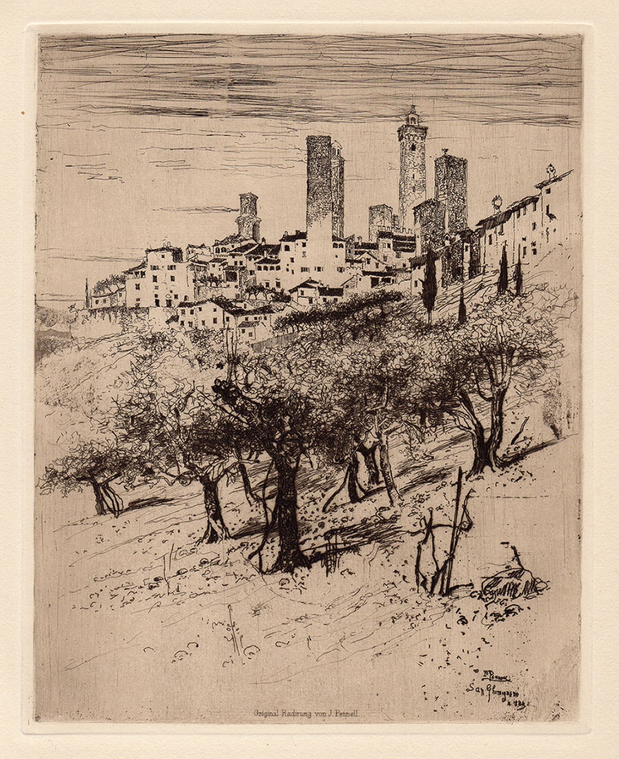 Joseph Pennell 1887 etching San Gimignano signed (1 of 2)