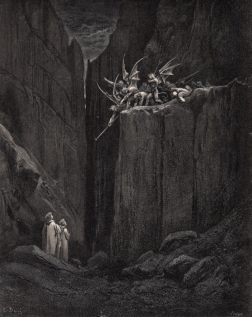 Gustave Dore Escape (Dante's Divine Comedy Enferno) c. 1880 Wood Engraving: Gustave Dore (Paul Gustave Louis Christophe Dore) (French, 1832-1883). Chant 23. Dante and Virgil Escape the Malebranche (Demons) (Dante's Divine Comedy Enferno). Antique Wood Engraving on wove paper