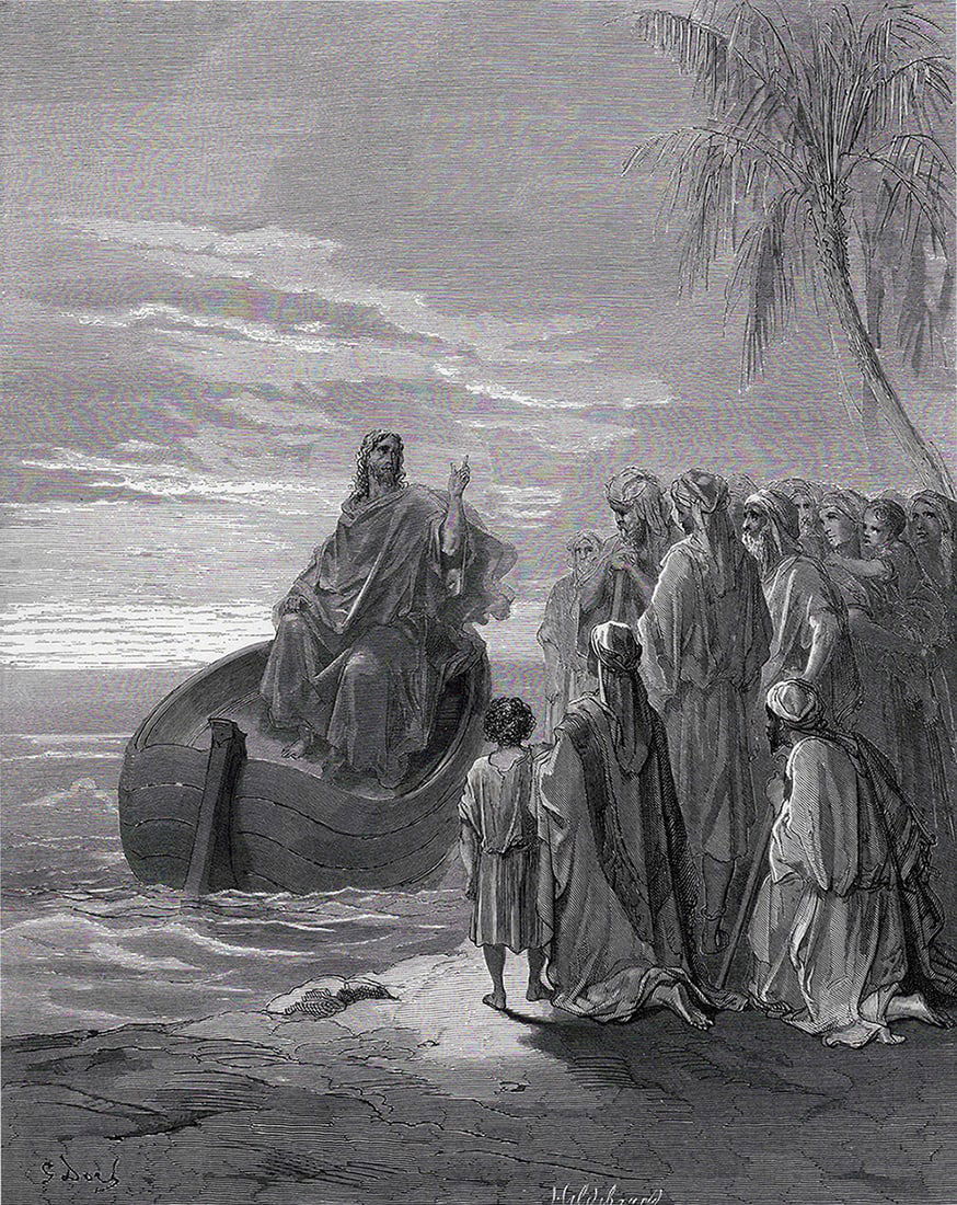 Gustave DORE'S BIBLE 1800s Woodcut Jesus Calls His First Disciples SIGNED FRAMED: Gustave Dore (Paul Gustave Louis Christophe Dore) (French, 1832-1883). Jesus Preaching at the Sea of Galilee (from Dore's Bible). Antique woodcut wove paper after the original by a master wood engrave