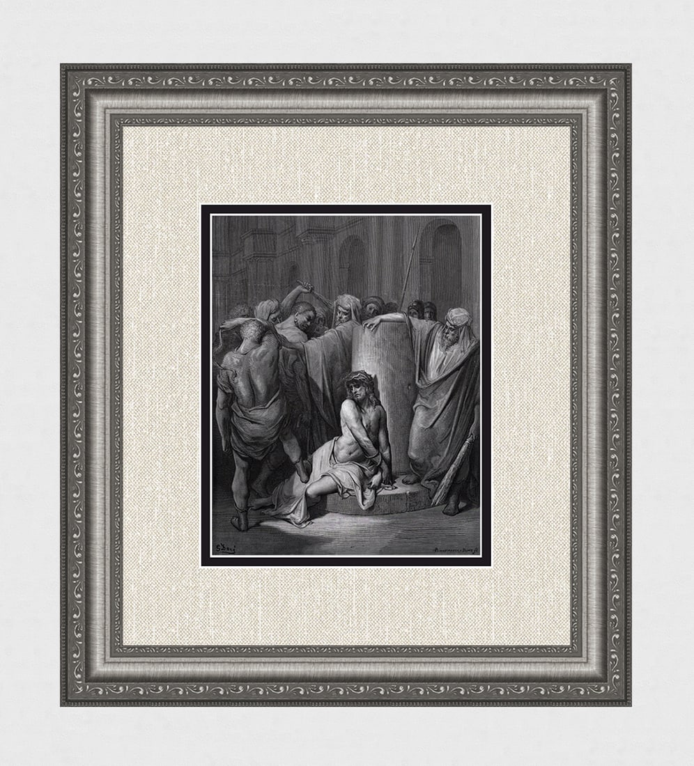 1800s Gustave DORE Wood Engraving Pilate Delivers Jesus SIGNED FRAMED: Gustave Dore(Paul Gustave Louis Christophe Dore) (French, 1832-1883. Jesus Scourged (from Dore's Bible). Antique Wood Engraving on wove paper after the original by a master wood engravers Adolphe Fran