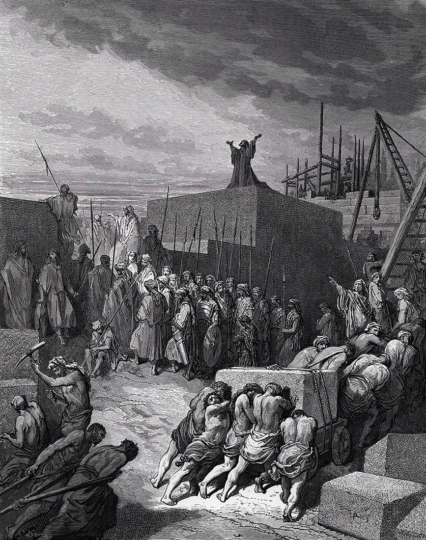 1800s SIGNED GUSTAVE DORE Biblical Woodcut Temple Restoration Begins FRAMED: Gustave Dore (Paul Gustave Louis Christophe Dore) (French, 1832-1883). The Rebuilding of the Temple (from Dore's Bible). Antique woodcut wove paper after the original by a master wood engraver Charles