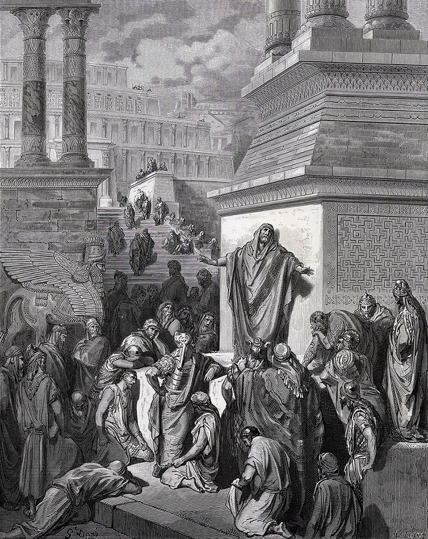 Biblical 1800s GUSTAVE DORE SIGNED Woodcut Jonah Goes to Nineveh FRAMED: Gustave Dore (Paul Gustave Louis Christophe Dore) (French, 1832-1883). Jonah Preaching to the Ninevites (from Dore's Bible). Antique woodcut wove paper after the original by a master wood engraver Ad