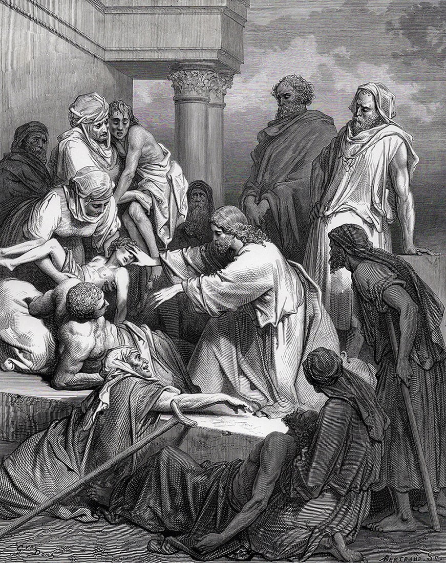 Biblical 1800s Gustave DORE'S BIBLE Woodcut Jesus healing the Sick SIGNED FRAMED: Gustave Dore (Paul Gustave Louis Christophe Dore) (French, 1832-1883). Jesus Healing the Sick (from Dore's Bible). Antique woodcut wove paper after the original by a master wood engraver Antoine Valer