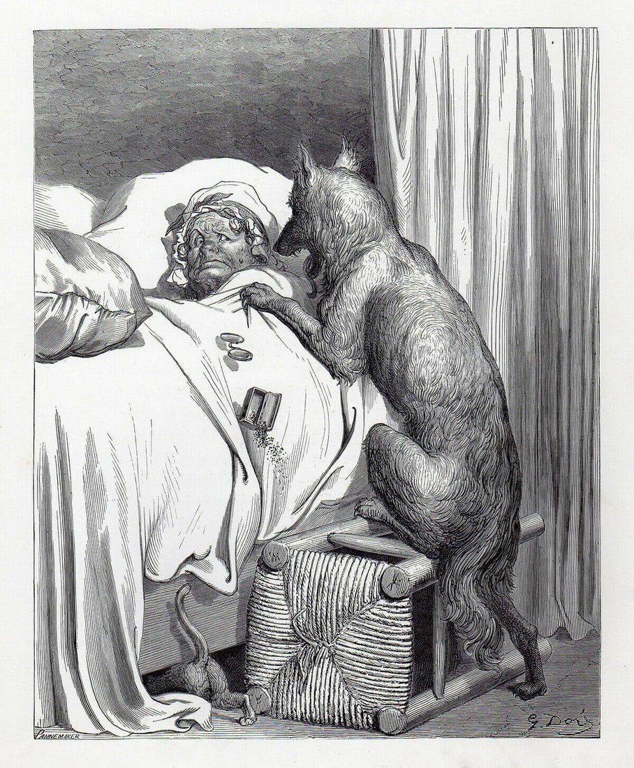 Gustave Dore Little Red Riding Hood III 1880 Wood Engraving Signed: Gustave Dore. Little Red Riding Hood III. Antique Wood Engraving on thick wove paper after the original by master wood engraver Adolphe Francois Pannemaker (French, Belgian, 1822 - 1890). 1880. Signed