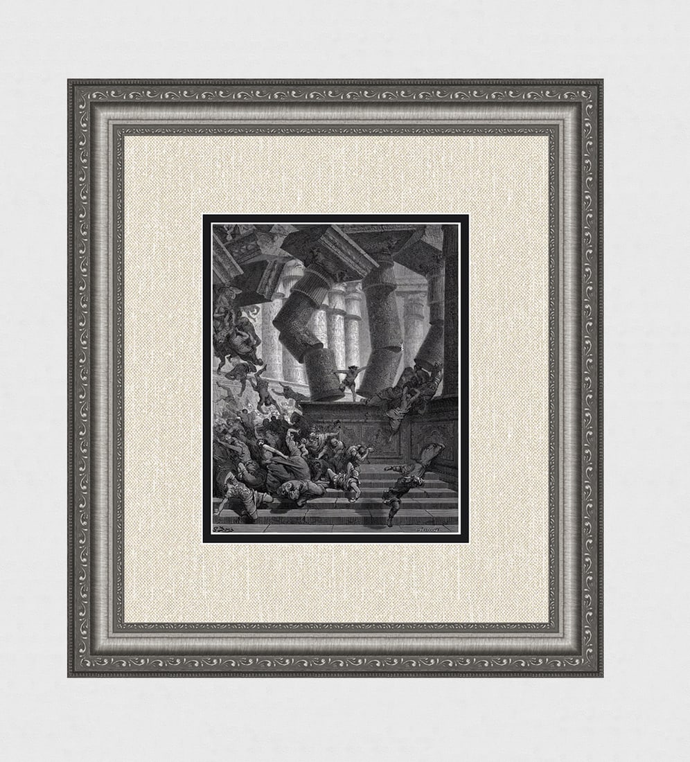 Gustave Dore 1800s Biblical Wood Engraving Samson Is Avenged FRAMED Signed: Artist: Gustave Dore (Paul Gustave Louis Christophe Dore) (French, 1832-1883). The Death Of Samson (From Dore's Bible). Antique Wood Engraving wove paper after the original by a master wood engraver C