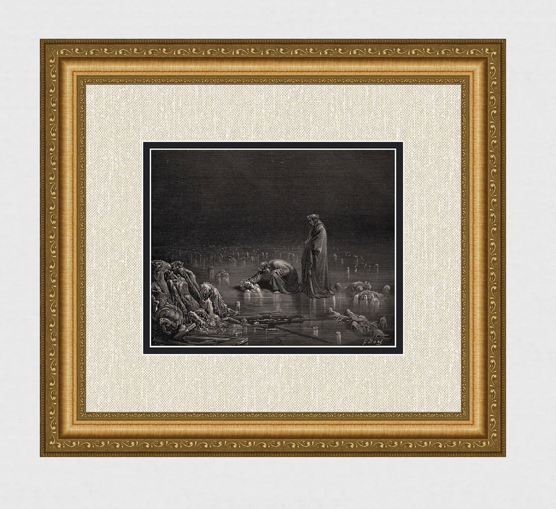 SIGNED 1800s DORE Religious Wood Engraving "Frozen Soul, Bocca Degli Abati" FRAMED COA: Gustave Dore (Paul Gustave Louis Christophe Dore) (French, 1832-1883).Chant 32. Dante Threatens the Shade of Bocca (Dante's Divine Comedy Enferno). Antique Wood Engraving wove paper after the original