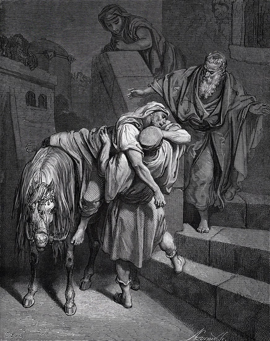 GUSTAVE DORE 1800s Biblical Woodcut THE GOOD SAMARITAN Signed Framed: Gustave Dore (Paul Gustave Louis Christophe Dore) (French, 1832-1883). Arrival of the Good Samaritan at the Inn (from Dore's Bible). Antique woodcut wove paper after the original by a master wood engr