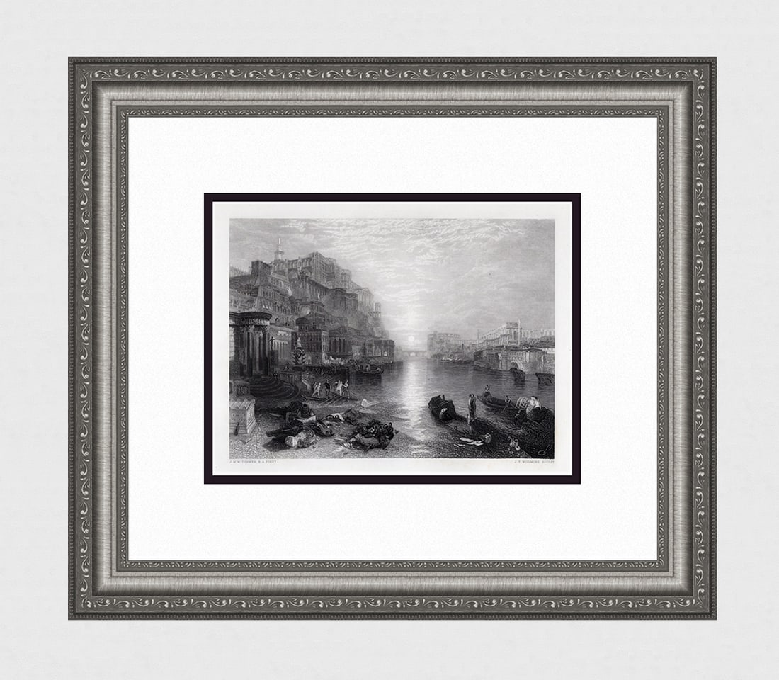 1800s JMW Turner Engraving Classical Italy on the Tiber Framed Signed: Joseph Mallord William Turner (English, 1775-1851). Ancient Italy. Antique engraving on wove paper after the original by master engraver James Tibbits Willmore (British,1800-1863). Year: 1861. Signed
