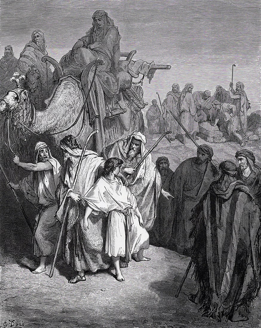 1800s Gustave DORE Biblical Woodcut Joseph Sold by His Brothers SIGNED FRAMED: Gustave Dore (Paul Gustave Louis Christophe Dore) (French, 1832-1883). Joseph Sold by his Brethren. Antique woodcut wove paper after the original by a master wood engraver W. Thomas (19th Century). Ye