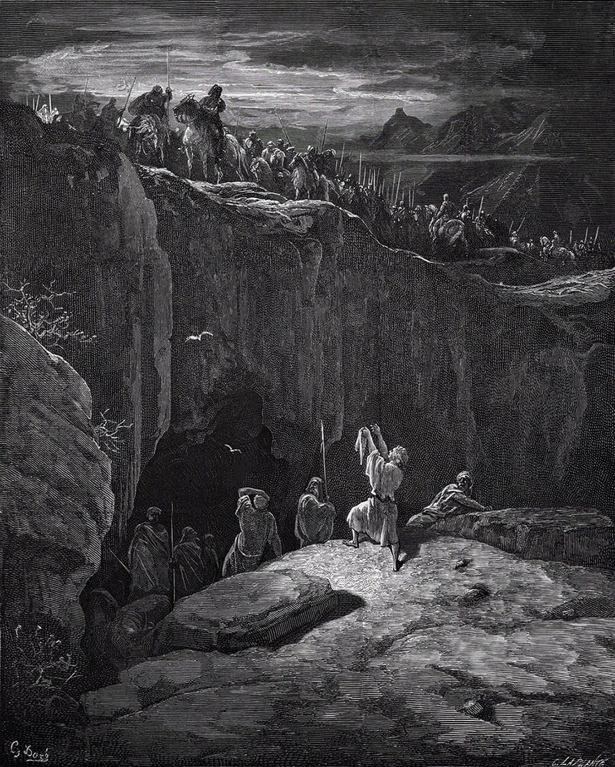 GUSTAVE DORE'S BIBLE 1800s Religious Wood Engraving David Spares Saul SIGNED FRAMED: Gustave Dore (Paul Gustave Louis Christophe Dore) (French, 1832-1883). David Showing Saul that He had Spared His Life (From Dore's Bible). Antique Wood Engraving wove paper after the original by a mas