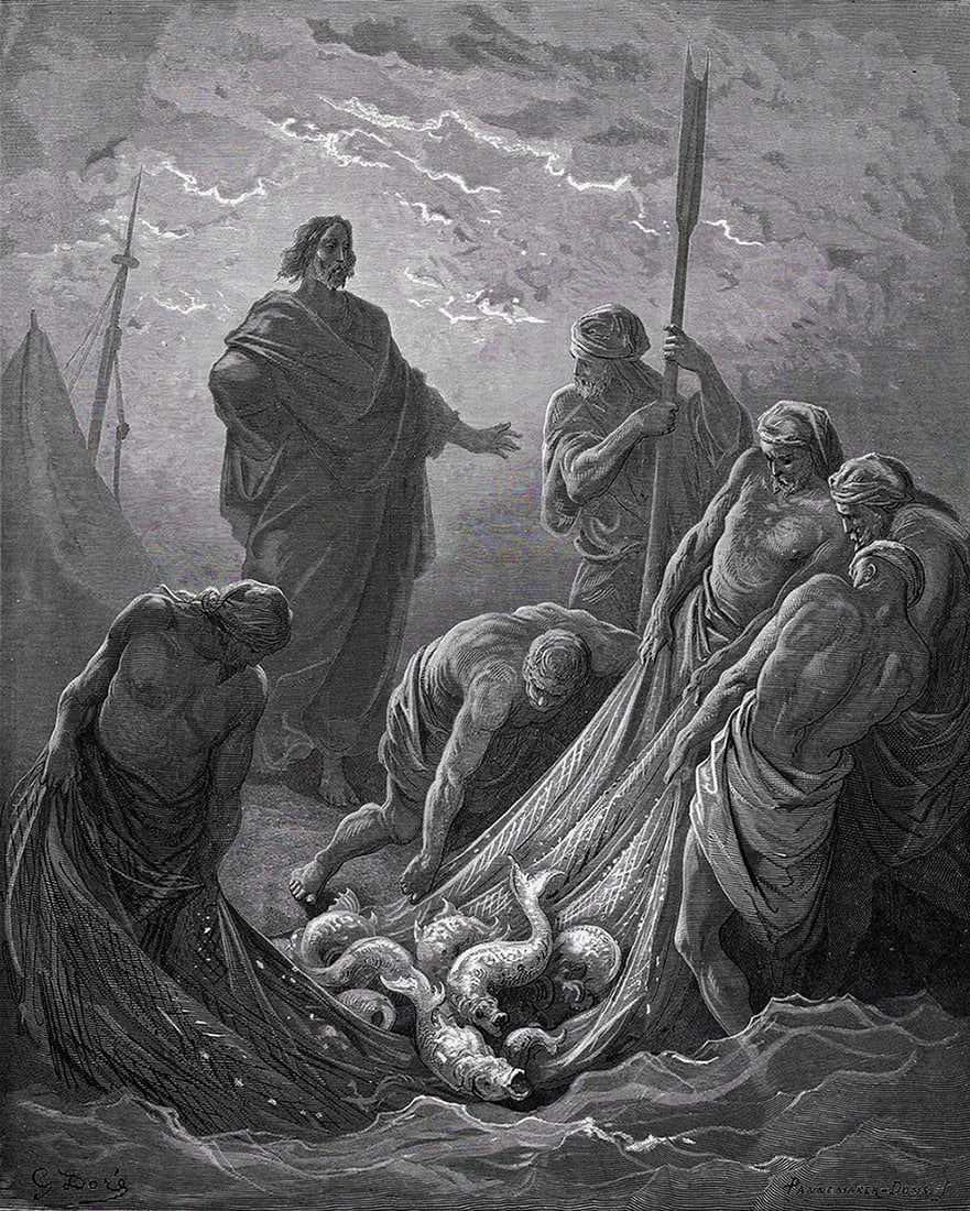 1800s Gustave DORE Biblical Woodcut Jesus at the Sea of Tiberias FRAMED Signed: Gustave Dore (Paul Gustave Louis Christophe Dore) (French, 1832-1883). The Miraculous Draught of Fishes (from Dore's Bible). Antique woodcut wove paper after the original by a master wood engravers Ad