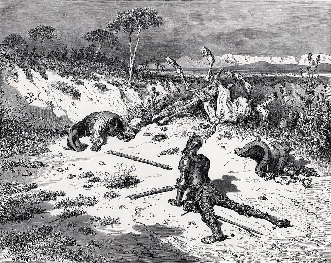 1800s DORE SIGNED Wood Engraving "Don Quixote Moralising on Ingratitude" Framed: Gustave Dore (Paul Gustave Louis Christophe Dore) (French, 1832-1883). Don Quixote Moralising On Ingratitude (from Don Quixote). Antique Wood Engraving on wove paper after the original by master wood