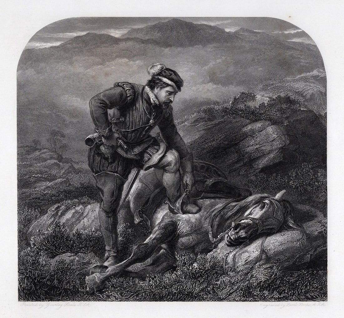 1800s Gourlay STEELL SIGNED Engraving The Death of the Gallant Gray Framed: Gourlay Steell (Scottish, 1819-1894). The Death of the Gallant Gray. Antique engraving on wove paper after the original by master engraver Lumb Stocks (British 1812-1892). Signed in the plate, lower l