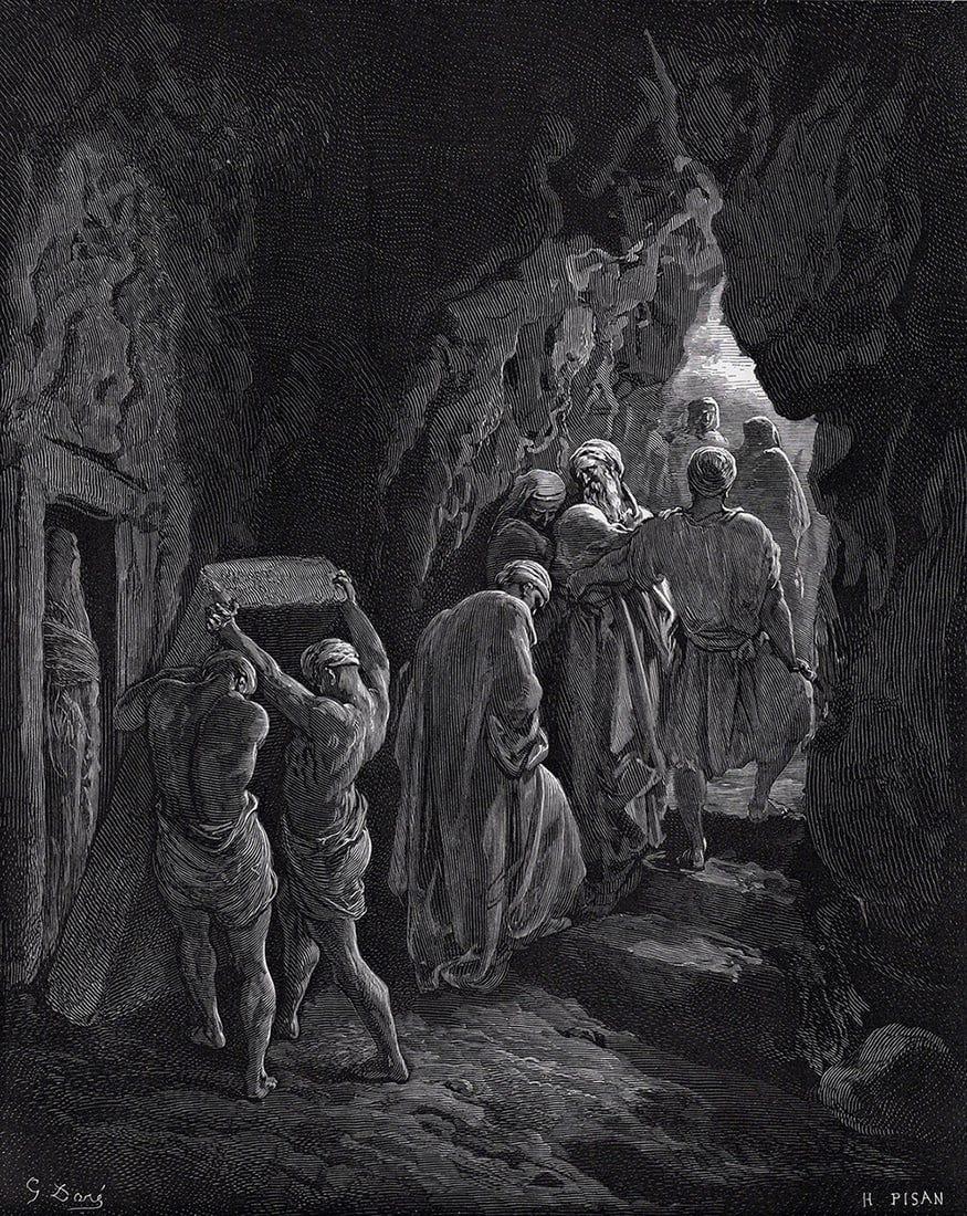 GUSTAVE DORE 1800s Biblical Woodcut The Death and Burial of Sarah SIGNED Framed: Gustave Dore (Paul Gustave Louis Christophe Dore) (French, 1832-1883). The Burial of Sara (from Dore's Bible). Antique woodcut wove paper after the original by a master wood engraver Heliodore Joseph