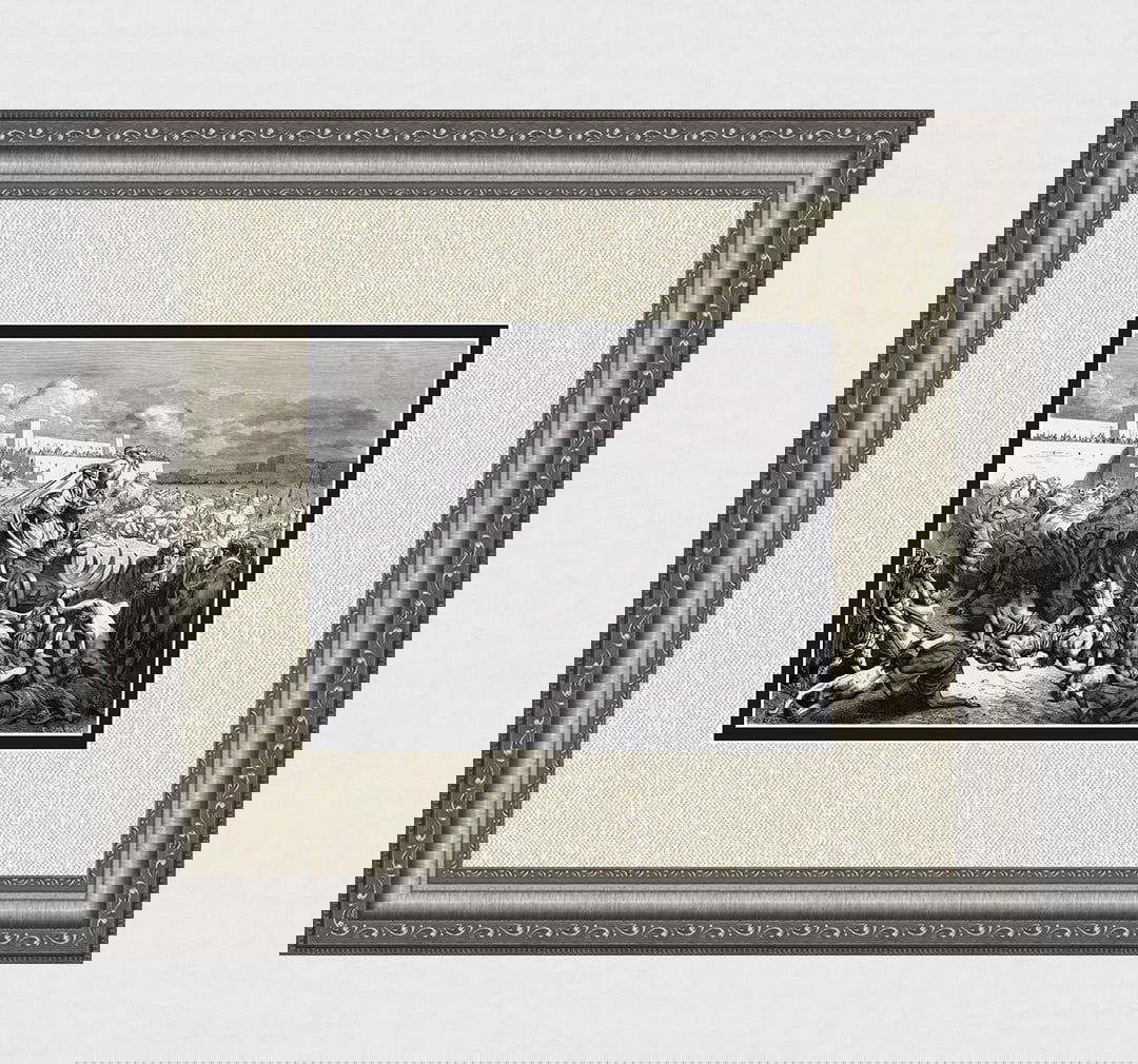 Gustave Dore 1800s Religious Wood Engraving The Capture of Rabbah Framed Signed: Gustave Dore (Paul Gustave Louis Christophe Dore) (French, 1832-1883). David Punishing the Ammonites (From Dore's Bible). Antique Wood Engraving wove paper after the original by a master wood engraver