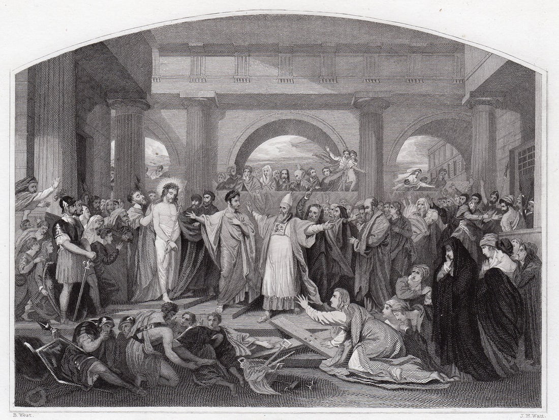 Benjamin West Christ Rejected engraving signed: Benjamin West. (1738 - 1820). Christ Rejected. Antique Steel Engraving on wove paper after the original oil on canvas by master engraver James Henry Watt (British, 1799-1867). 1834. Signed in the plat