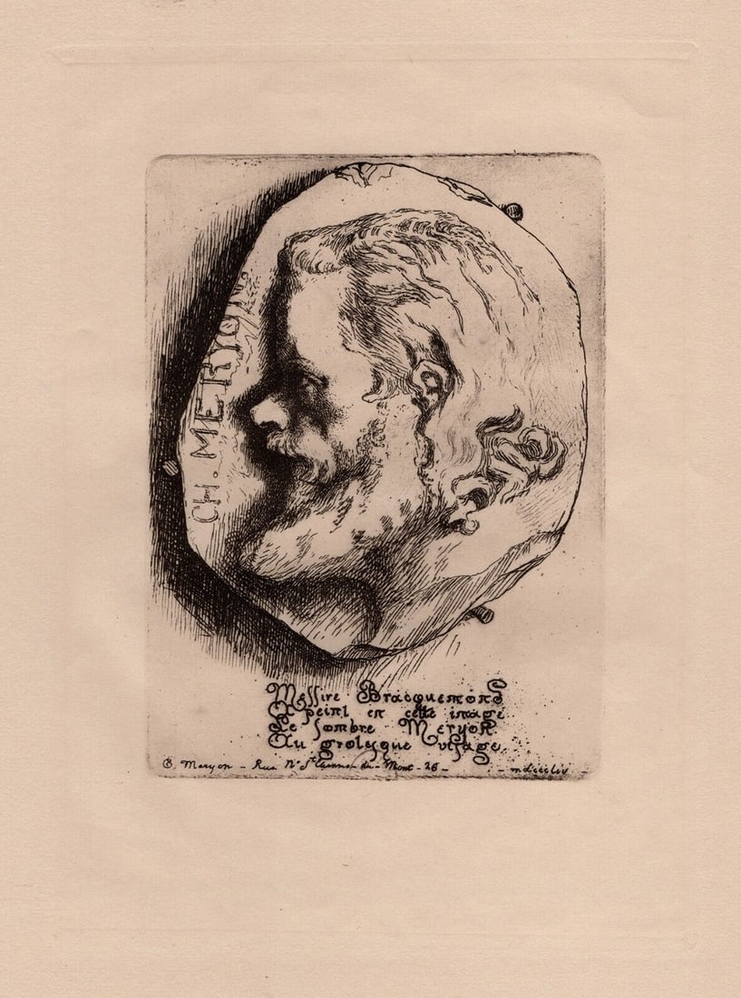 SIGNED Charles Meryon Etching CHARLES MERYON PORTRAIT Framed: Charles Meryon (1821-1868). Portrait of Charles Meryon. Vintage etching on laid paper after the original by a Master Engraver. Year: 1926. Signed in the plate, upper left center. Plate size 4 3/4 x 6
