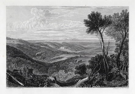 WILLIAM TURNER 1800s Engraving Vale of Ashburnham Framed SIGNED: Joseph Mallord William Turner (English, 1775-1851). The Vale of Ashburnham. Antique engraving on wove paper after the original by master engraver William Bernard Cooke (British, 1778-1855). Year: 1878