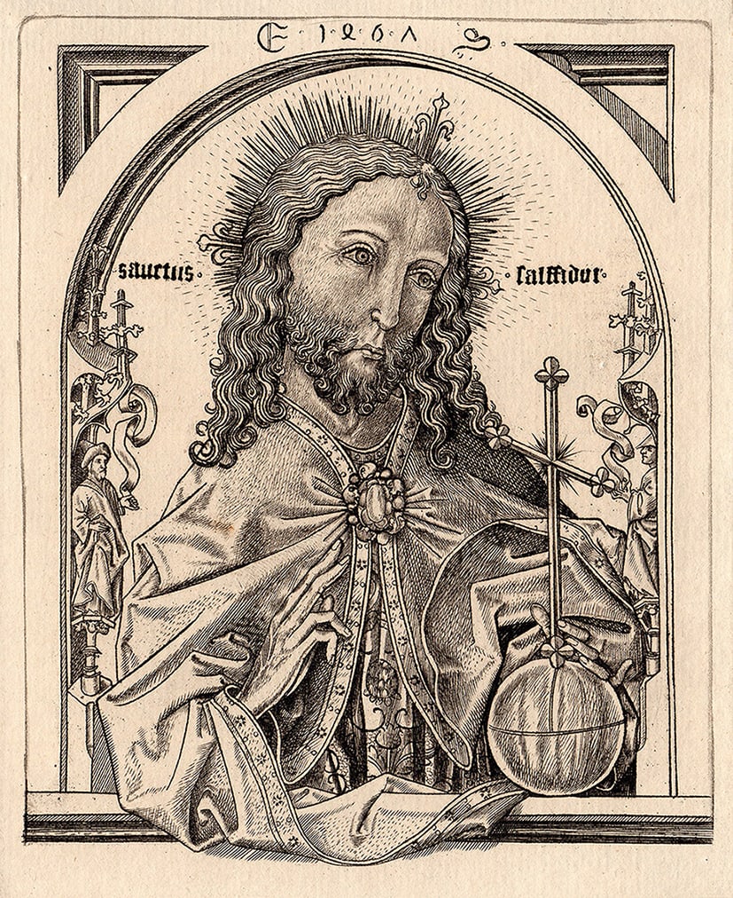 1876 Master of 1466 Christ Engraving Durand Goring Unique: Master of 1466 or Master E.S. (German, 1420 - 1468). "The Savior of the World (Christ)," (From Hermann Goring's private collection at Bergfhof). Antique Copper plate engraving on laid paper executed b