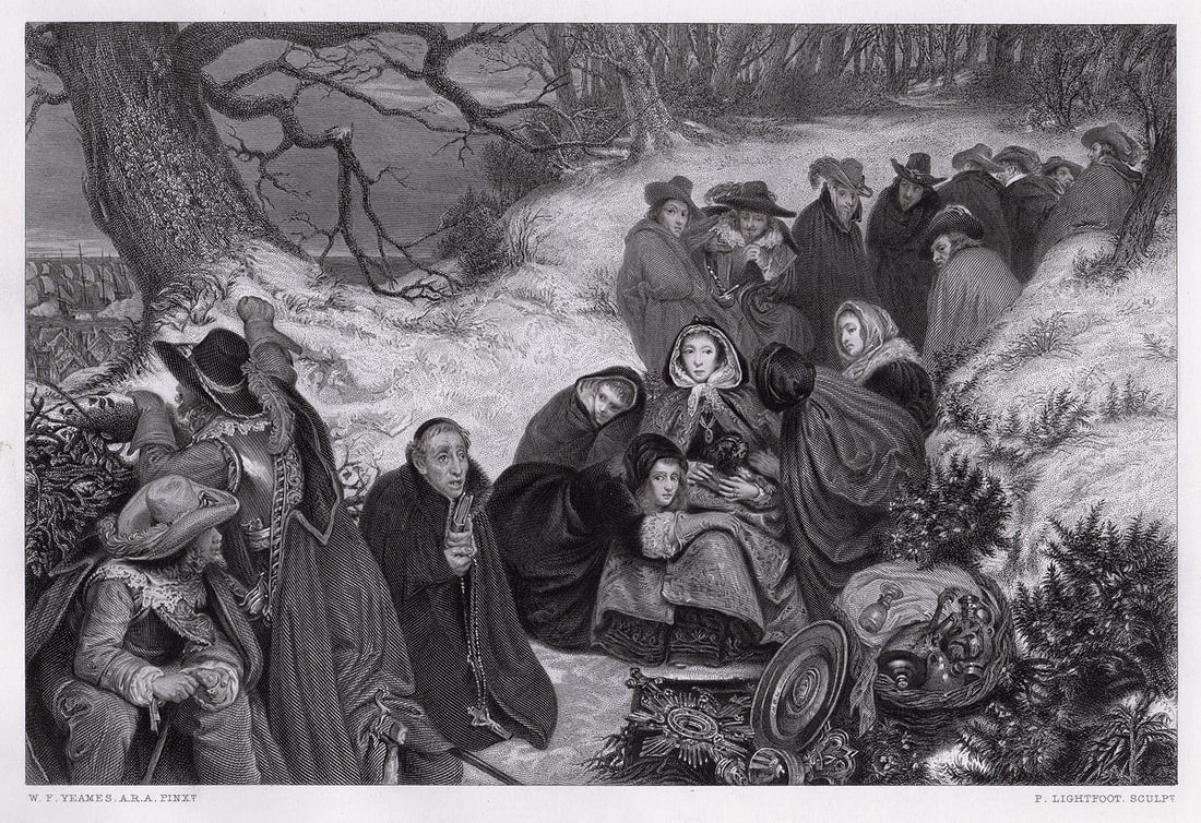 1869 William Frederick Yeames The Peril of the Queen Henrietta Maria engraving signed: William Frederick Yeames. (British, 1835-1918). The Peril of the Queen Henrietta Maria. Antique engraving on wove paper after the original by master engraver F. Lightfoot. 1869. Signed in the plate. E