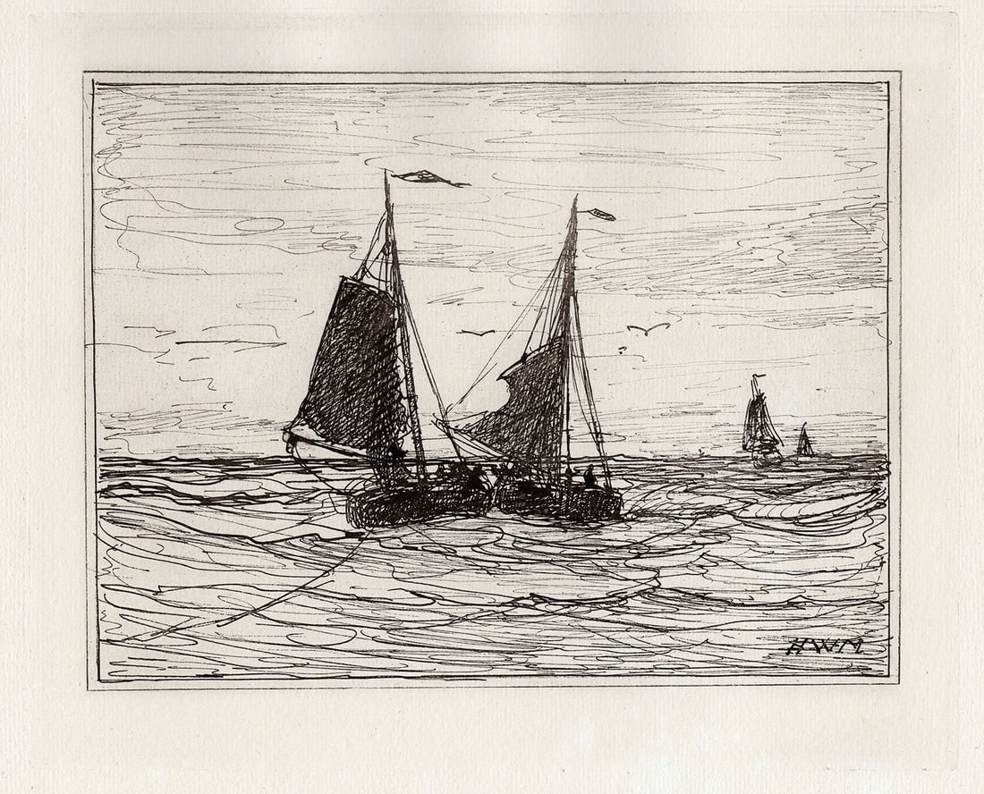 Hendrik Willem Mesdag 1882 etching The Collision signed (1 of 2)