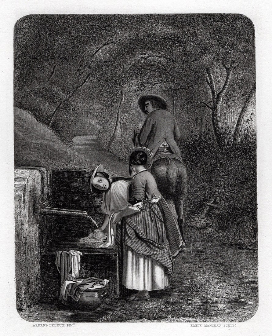 1800s Armand LELEUX SIGNED Lithograph Washerwomen at Fountain Framed: Armand Hubert Simon Leleux (French, 1818-1885). Laveuses à la fontaine montagnardes de la Foret-Noire (Washers at the mountain fountain of the Black Forest). Antique lithograph on wove paper after th