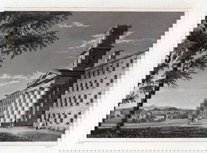 1800s Alexander Jackson DAVIS Engraving Amherst College, Mass FRAMED SIGNED: Alexander Jackson Davis (American 1803 – 1892). Amherst College, Mass. Antique engraving on wove paper after the original by master engraver J. Archer (British,1800- fl. c.). Signed in the plate. Ye