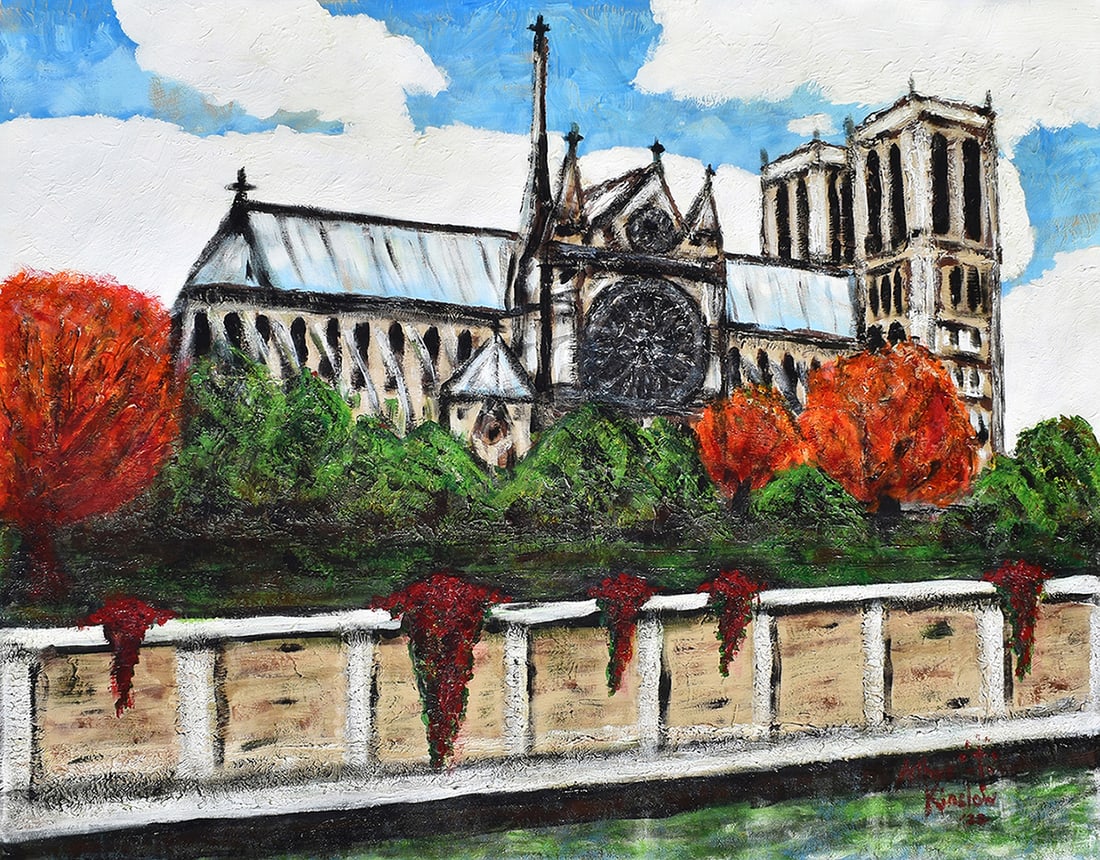 Monumental Arthur Kinslow Original Painting Notre Dame 41 x 60 inches: Arthur Kinslow ( American, 1955 - ). Notre Dame. Original Acrylic on Canvas. Signed by the artist lower right. Canvas Size 41 1/4 x 60 1/4 inches. Arthur Kinslow has been involved in art his entire li