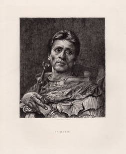 Edward John Gregory St. George etching signed: Edward John Gregory. (British 1850-1909). St. George. Antique etching on thick laid paper after the original by master etcher Paul-Adolphe Rajon (1843-1888). 1878. Signed in the plate. Excellent. Imag