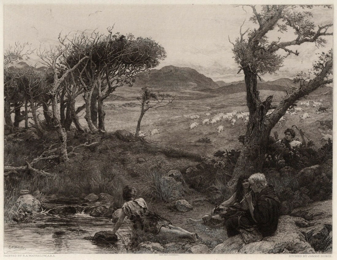 Ernest Albert Waterlow 1800s Etching Wolf! Wolf! Signed Framed COA: Sir Ernest Albert Waterlow (British, 1850 - 25 1919). Wolf! Wolf!. Antique etching on wove paper after the original by master etcher James Dobie (British, 1849-c. 1911). Year: 1890. Signed in the plat