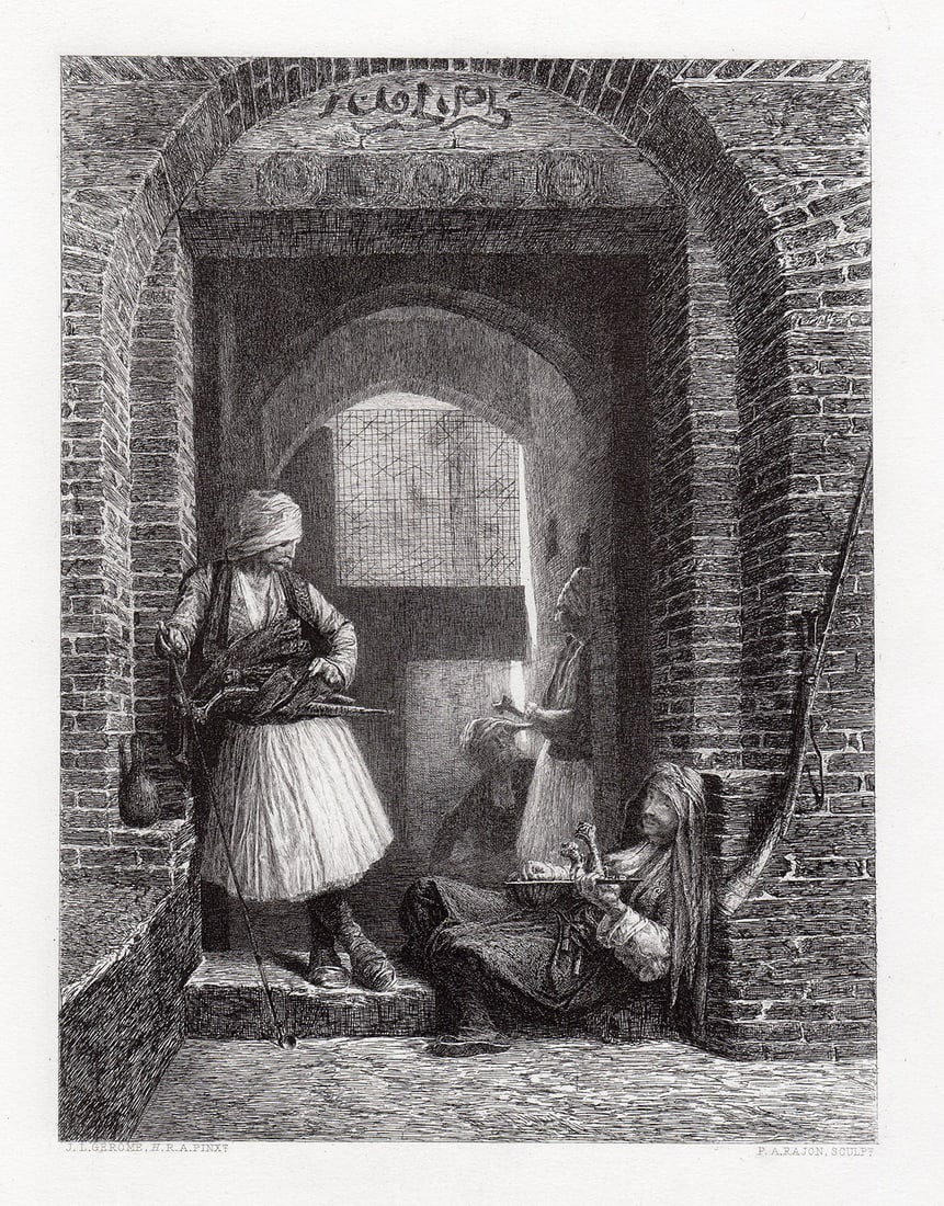 1879 Gerome Guard House in Cairo engraving signed: Jean-Leon Gerome (French, 1824 - 1904). A Guard House in Cairo (Corps de garde d'Arnaoutes au Caire). Antique steel engraving on wove paper after the original oil on canvas by master engraver Paul-Ado