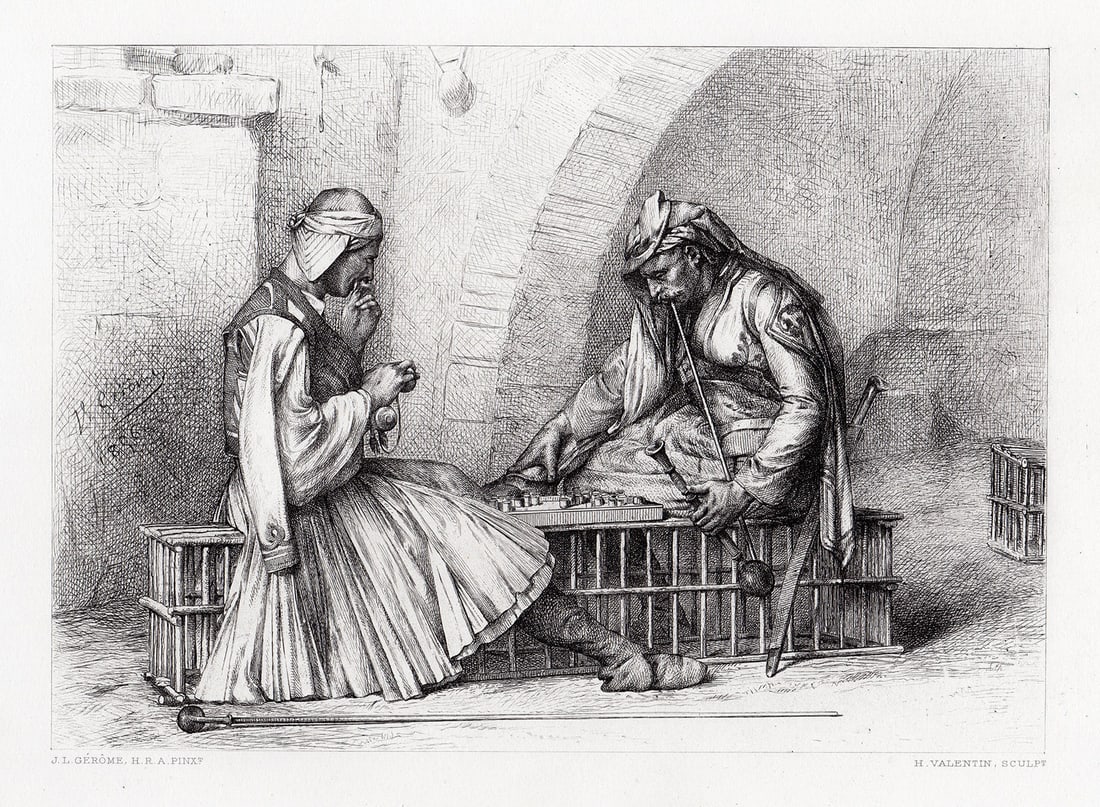 Gerome 1879 engraving Arnauts playing Draughts signed: Jean-Leon Gerome (French, 1824 - 1904). Arnauts playing Draughts (Arnautes jouant aux dames). Antique steel engraving on wove paper after the original by master engraver Henry Valentin. 1879. Signed i
