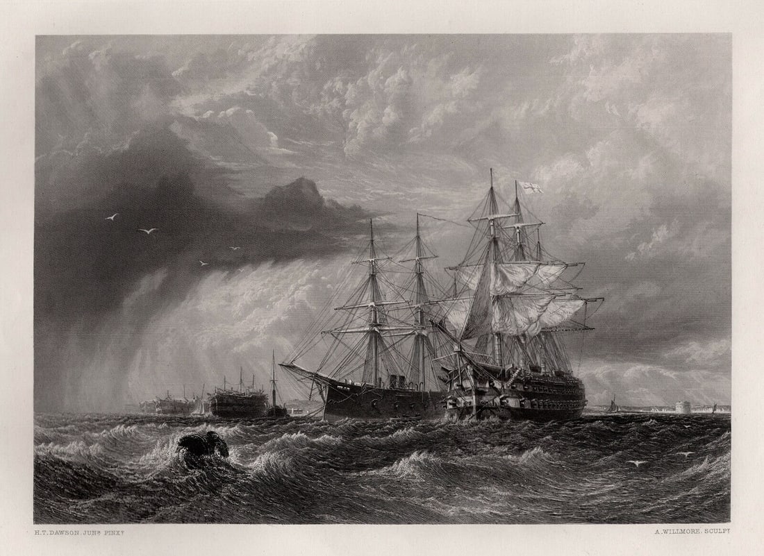 Henry Dawson 1900s Engraving Man-of-War Ship Signed Framed (1 of 3)