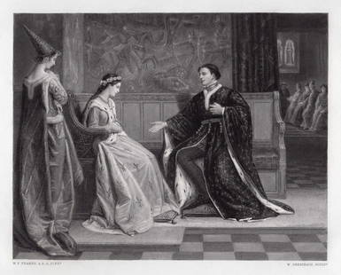 William Frederick Yeames 1876 engraving The Wooing of Henry V signed: William Frederick Yeames. (British, 1835-1918). The Wooing of Henry V. Antique steel engraving on wove paper after the original by master engraver William Greatbach (1802-1885). 1876. Signed in the pl