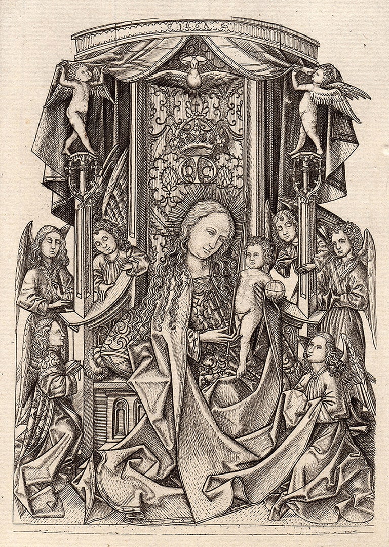 1876 Master of 1466 Madonna and Child Engraving Durand Goring Unique: Master of 1466 or Master E.S. (German, 1420 - 1468). "Madonna and Child with an Entourage of Angels," (From Hermann Goring's private collection at Bergfhof). Antique Copper plate engraving on laid pap