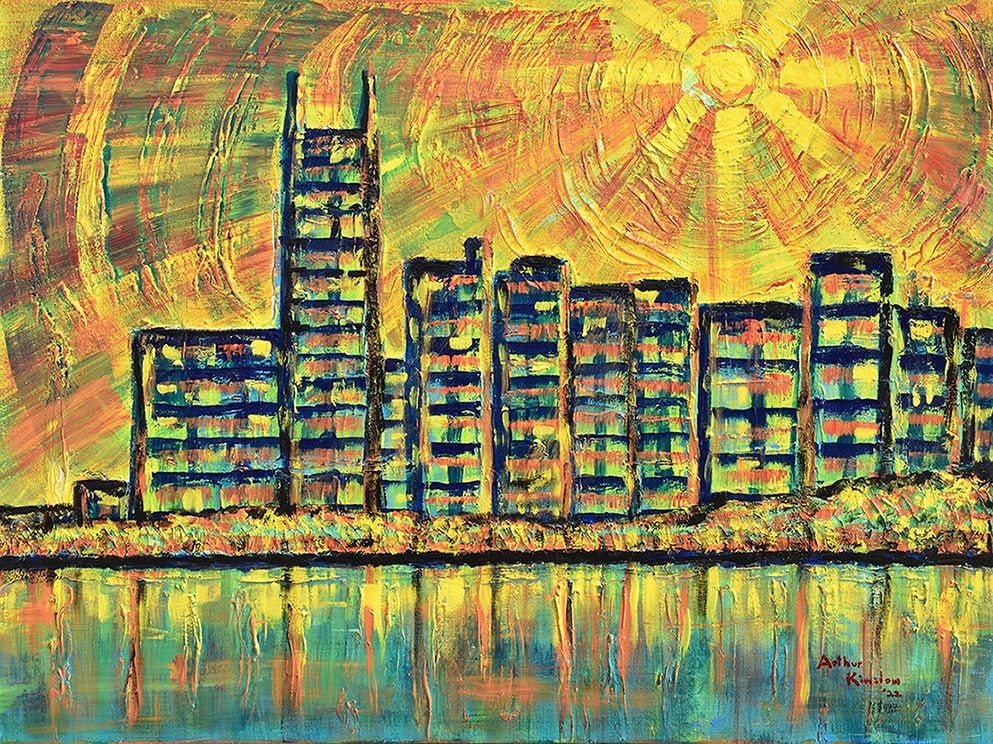 Arthur Kinslow Original Abstract Painting Heat Wave 36 x 48: Arthur Kinslow ( American, 1955 - ) Heat Wave . Original Acrylic on Canvas.Signed by the artist lower right. Canvas Size 36 x 48 inches. Arthur Kinslow has been involved in art his entire life and bel