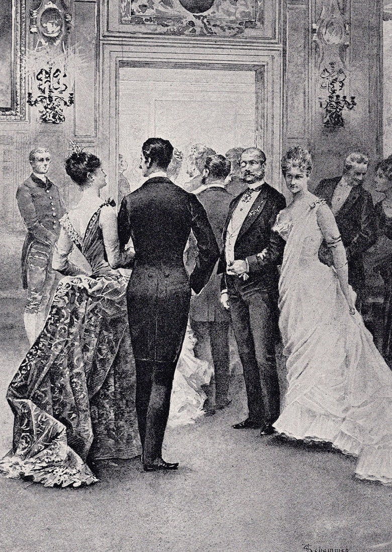 Francois Schommer 1800s Antique Print The Grand Dining Room SIGNED Framed: Francois Schommer (1850-1935). Entering the dining room. Antique print after the original. Year: c. 1890. Signed in the plate, lower right. Image Size 5 1/2 x 8 1/8 inches. Framed dimensions approxima