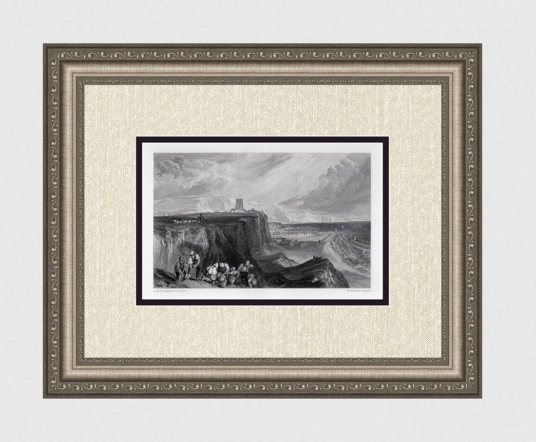FRAMED William Turner 1800s Engraving Folkstone Smugglers SIGNED: Joseph Mallord William Turner (English, 1775-1851).Folkston,Kent. Antique engraving on wove paper after the original by master engraver Robert William Wallis (British, 1794-1878). Year: 1878. Signed i